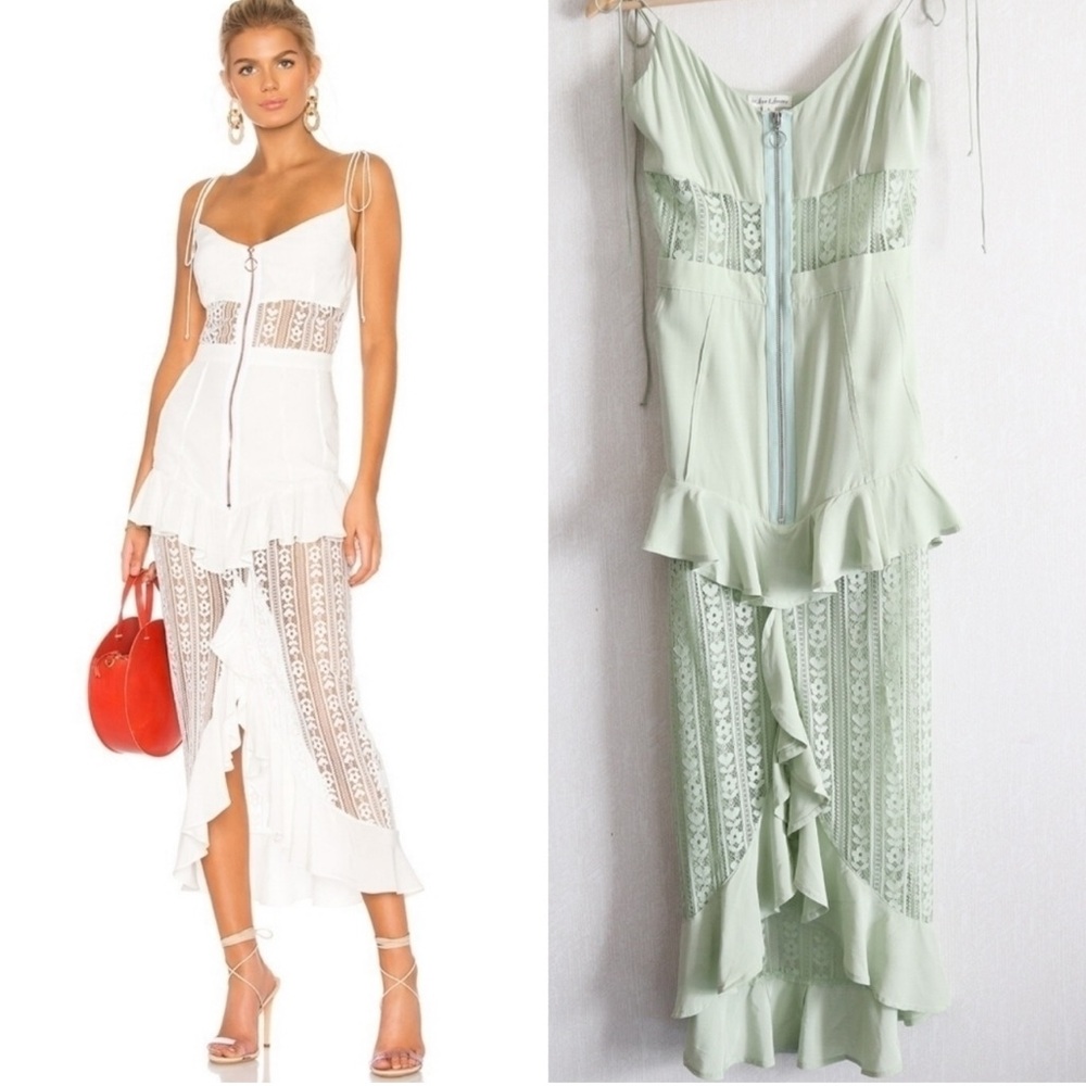 For Love & Lemons Pale Green High-Low Lace Midi Dress